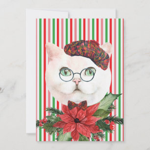 Chat blanc fantaisie et carte de vacances Poinsett