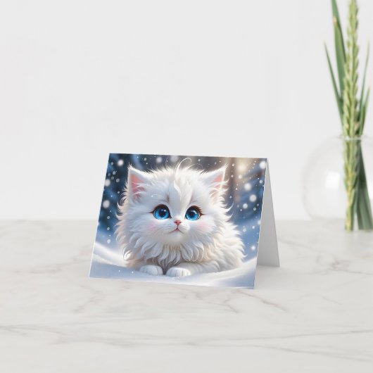 Chat Blanc Fluffy Adorable Yeux Bleus Carte de Vœu (Devant)