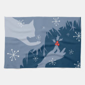 Chat blanc & Holly, bleu nuit, serviette de thé (Horizontal)