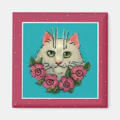 Chat blanc mignon, aimant rose roses (Devant)