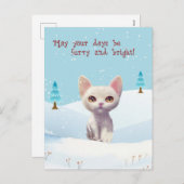 Chat blanc mignon en Carte postale Noël Neige (Devant / Derrière)