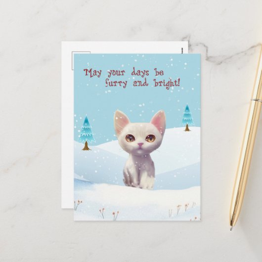 Chat blanc mignon en Carte postale Noël Neige (Devant/Arrière en situation)