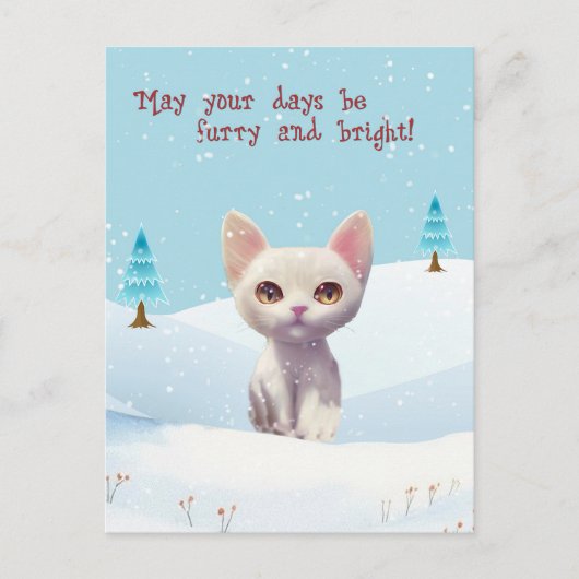 Chat blanc mignon en Carte postale Noël Neige (Devant)