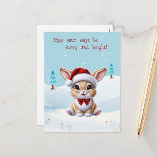 Chat blanc mignon en Carte postale Noël Neige (Devant/Arrière en situation)