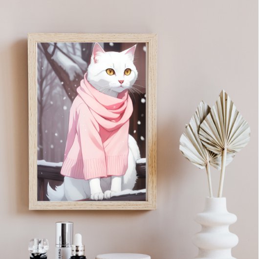 Chat blanc tenue rose automne hiver décoration mur