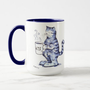 Chat bleu avec tasse WTF