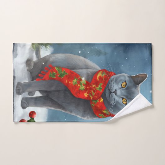 Chat bleu russe à Noël de neige (Serviette à main)