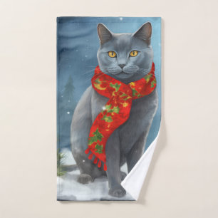 Chat Bleu Russe à Noël sous la neige