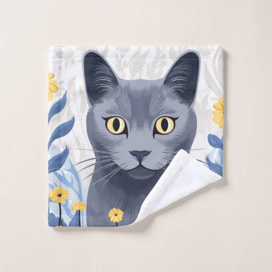 Chat Bleu Russe Fleurs Jaunes (Gant de toilette)