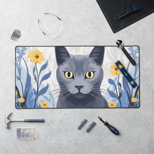 Chat Bleu Russe Fleurs Jaunes (Poste de travail)