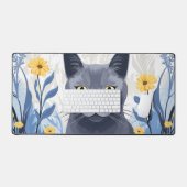 Chat Bleu Russe Fleurs Jaunes (Clavier et souris)