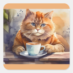 Chat Boire Café Stickers Carré