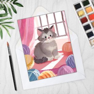 Chat boule de laine Carte de peinture aquarelle