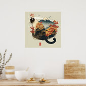 Chat Brown avec Poster du Mont Fuji (Cuisine)