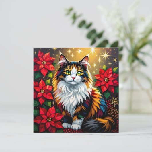 Chat calico avec carte de Noël personnalisée aux p (Debout devant)
