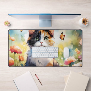 Chat calico dans un jardin printanier avec papillo