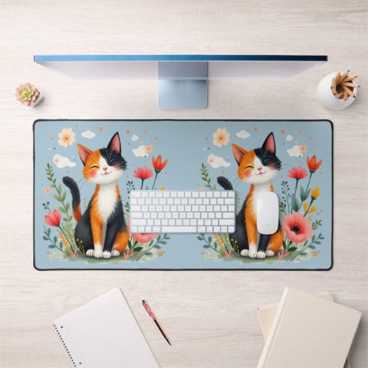 Chat Calico souriant dans le jardin fleuri (Bureau 1)