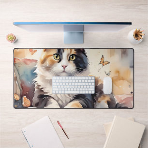 Chat calicot aquarelle fantaisiste et papillons