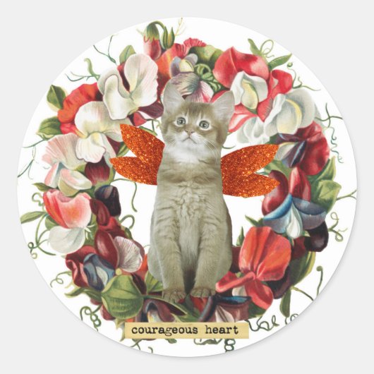 Chat chaton vintage style fleurs autocollant (Devant)