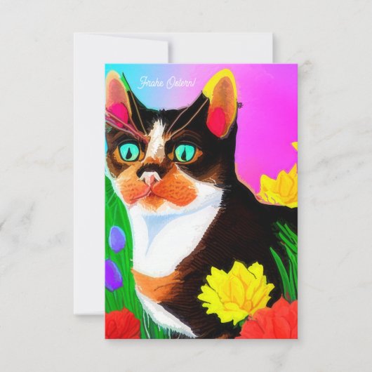 Chat coloré et fleurs Carte de Pâques (Devant)