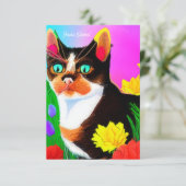 Chat coloré et fleurs Carte de Pâques (Debout devant)