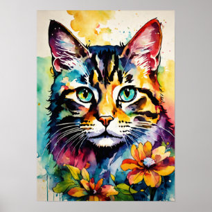 Chat coloré Silhouette Aquarelle Poster murale
