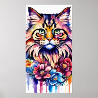 Chat coloré Silhouette Aquarelle Poster murale