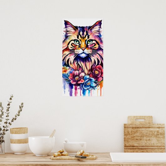 Chat coloré Silhouette Aquarelle Poster murale (Cuisine)