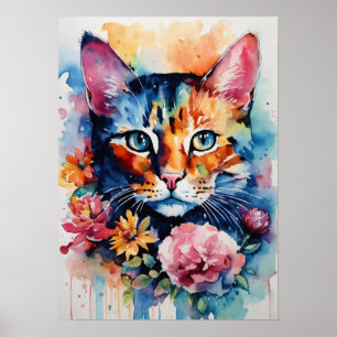 Chat coloré Silhouette Aquarelle Poster murale