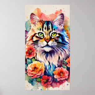 Chat coloré Silhouette Aquarelle Poster murale