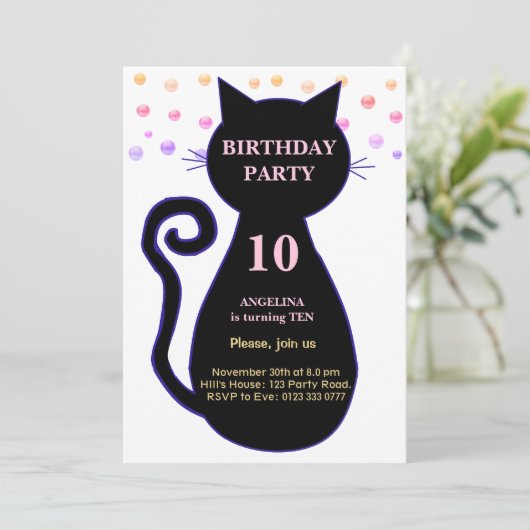 Chat & Confetti multicolore Invitation d'anniversa (Debout devant)