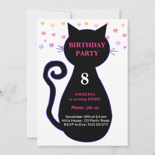 Chat & Confetti multicolore Invitation d'anniversa (Devant)