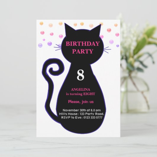 Chat & Confetti multicolore Invitation d'anniversa (Debout devant)