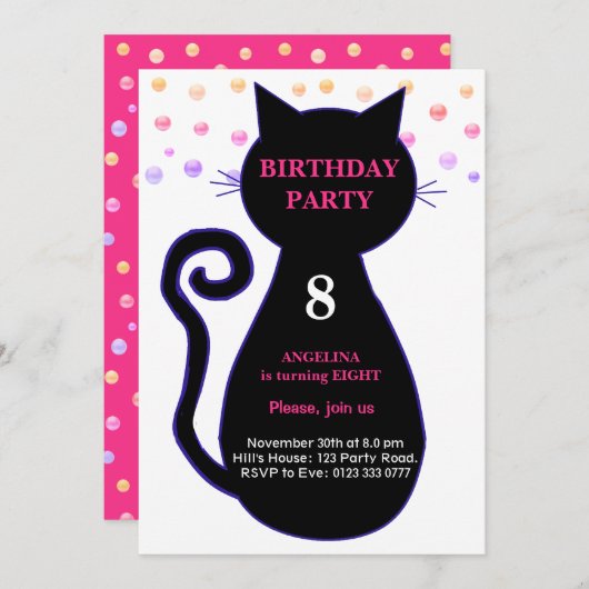 Chat & Confetti multicolore Invitation d'anniversa (Devant / Derrière)