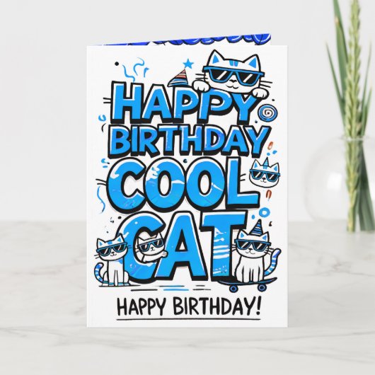 Chat cool avec carte d'anniversaire aux tons bleus (Devant)