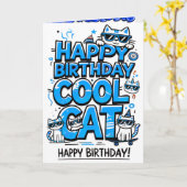 Chat cool avec carte d'anniversaire aux tons bleus (Fleur jaune)