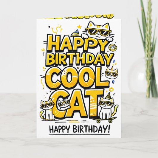 Chat cool avec carte d'anniversaire aux tons jaune (Devant)