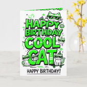 Chat cool avec carte d'anniversaire aux tons verts (Fleur jaune)