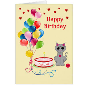 Chat d'anniversaire, coeurs et ballons multicolore