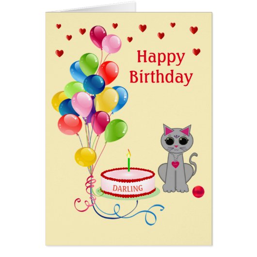 Chat d'anniversaire, cœurs et ballons multicolores (Devant)