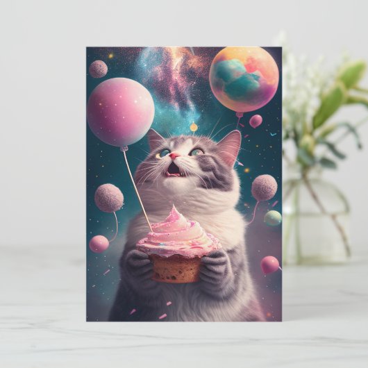Chat d'anniversaire dans l'espace carte de voeux (Debout devant)