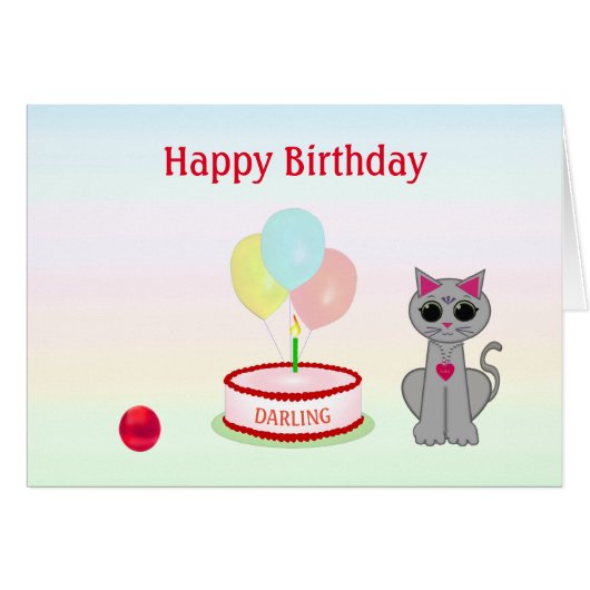 Chat d'anniversaire, gâteau & ballons sur carte co (Devant horizontal)