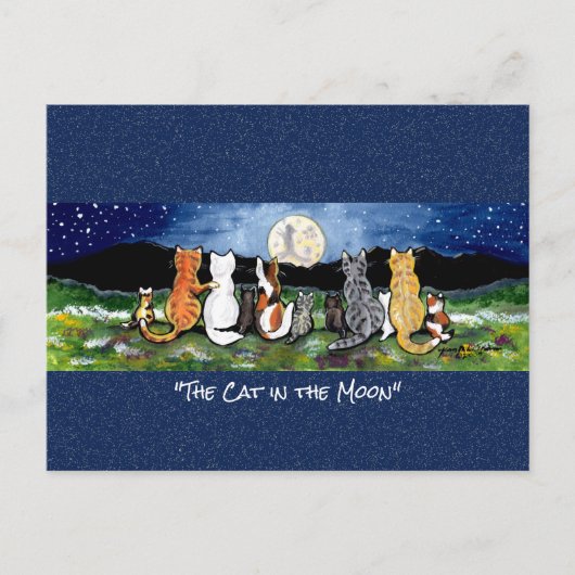 Chat dans la lune Whimsical Watercolor Art carte p (Devant)