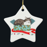 Chat dans une boîte ornement personnalisé sapin de<br><div class="desc">C'est Ben. Ben adore s'asseoir dans des boîtes. Si ça va,  je suis assis,  c'est sa devise. Ajoutez Ben à votre arbre de Noël cette saison festive avec ce joli ornement de LeopardyNonsense. Vous pouvez même le personnaliser avec votre propre message sur le dos.</div>