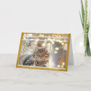 Chat dans une fenêtre de Noël Or et blanc carte