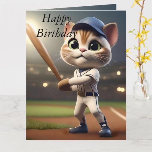 Chat de baseball 3D amusant, grande carte d'annive (Fleur jaune)