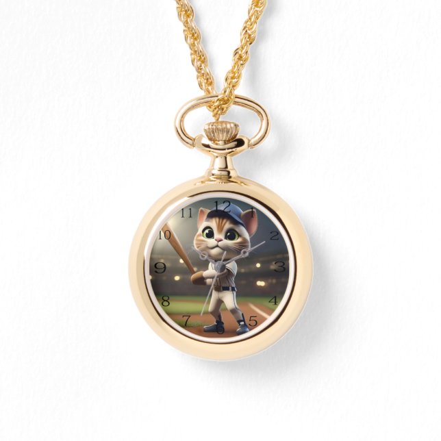 Chat de baseball amusant, Montre de collier pour d (Recto)