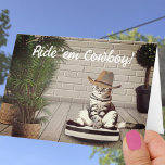 Chat de Casquette Drôle Cowboy sur une carte Vacuu<br><div class="desc">Cette couverture de carte modèle présente un drôle de chat gris et blanc portant un casquette cowboy chevauchant un vide. Personnalisez le texte modèle sur la couverture et l'accueil intérieur avec vos messages, supprimez le texte ou modifiez en utilisant la conception pour sélectionner une couleur, un style et une taille...</div>