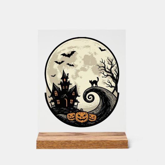 Chat de Halloween Vintage Maison Hantée Lune Vecte (Recto)