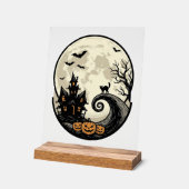 Chat de Halloween Vintage Maison Hantée Lune Vecte (Angle)